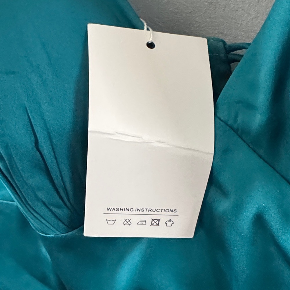 Teal Tea Length Satin Midi Dress - Built in padded bust and drawstring back - Picture 5 of 6